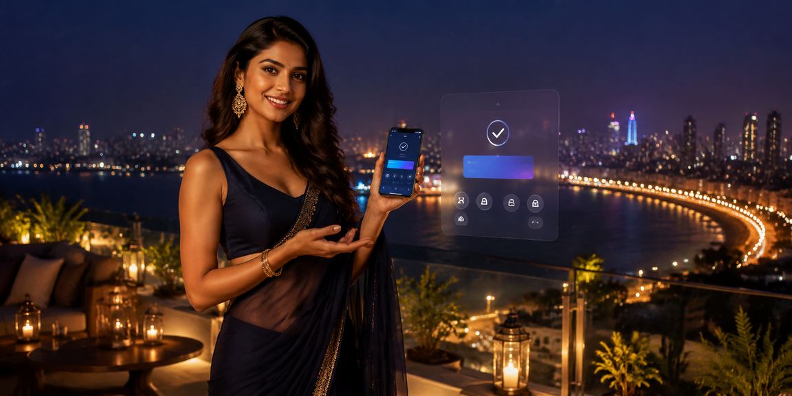 User paying on mobile device along Mumbai Marine Drive